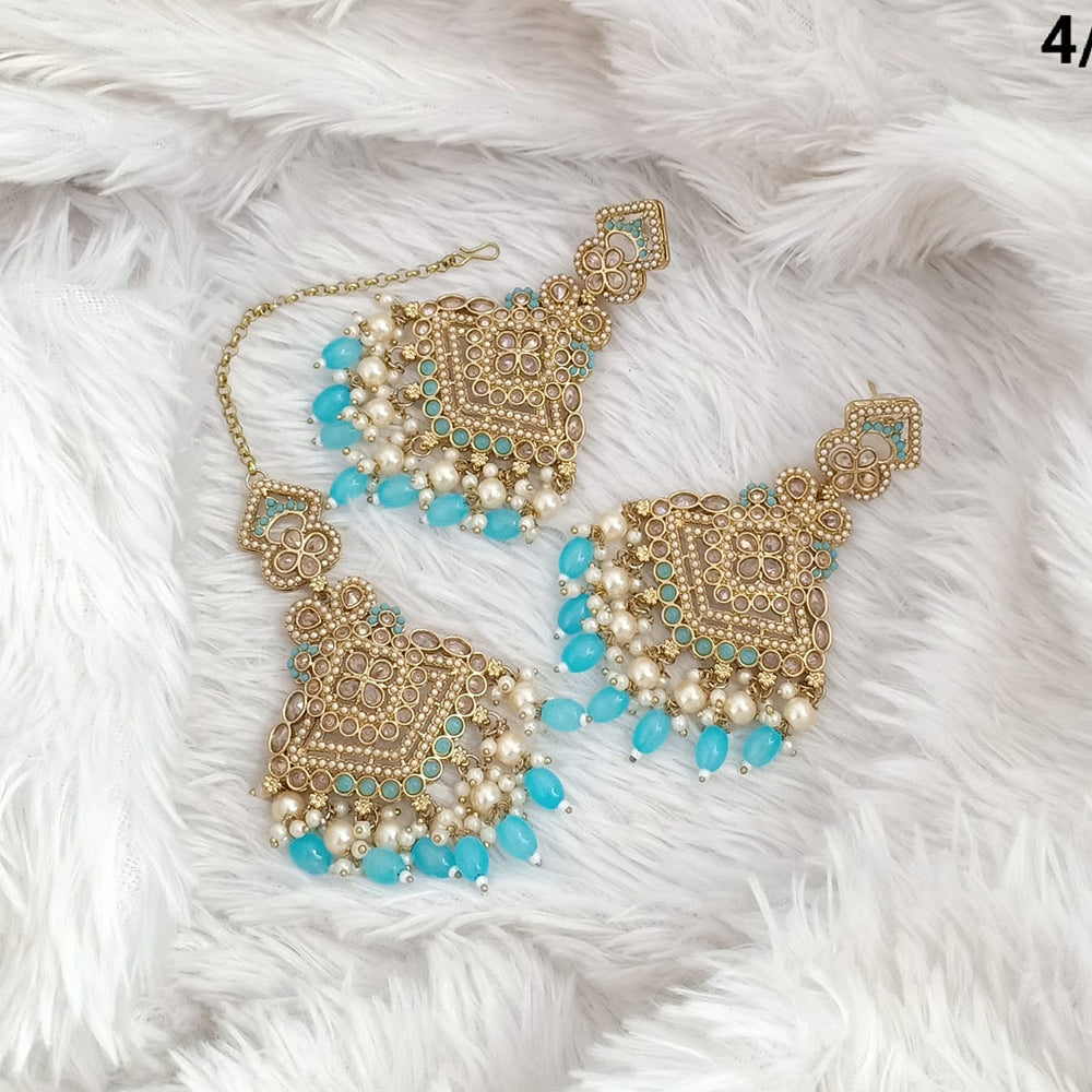 FS Collection Traditional Charm Gold Plated Crystal Stone Pearl and Beads Earring with Mangtikka