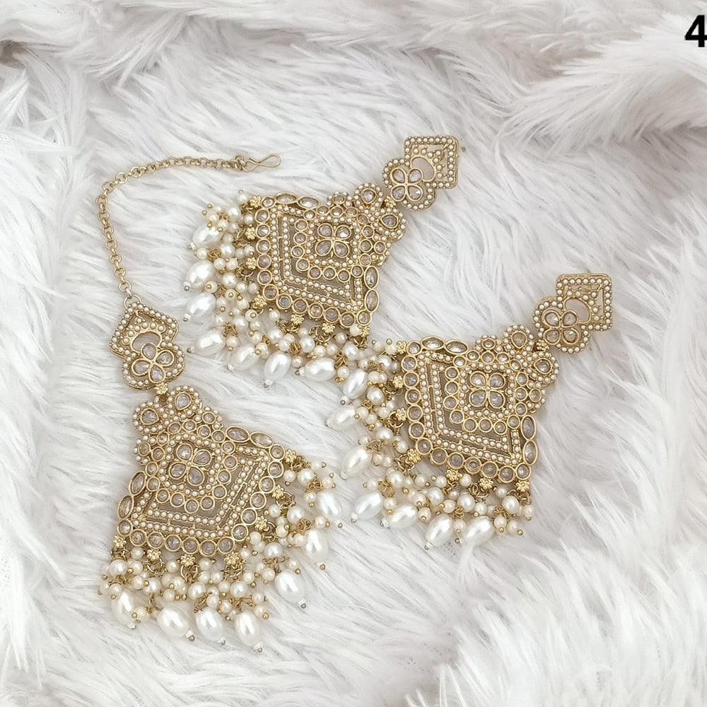 FS Collection Traditional Charm Gold Plated Crystal Stone Pearl and Beads Earring with Mangtikka