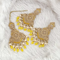 FS Collection Traditional Charm Gold Plated Crystal Stone Pearl and Beads Earring with Mangtikka