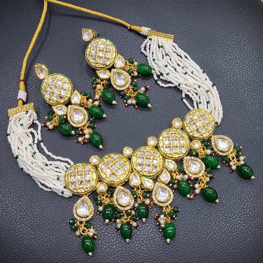 FS Collection Gold Plated Kundan Stone Pearl And Beads Choker Necklace Set