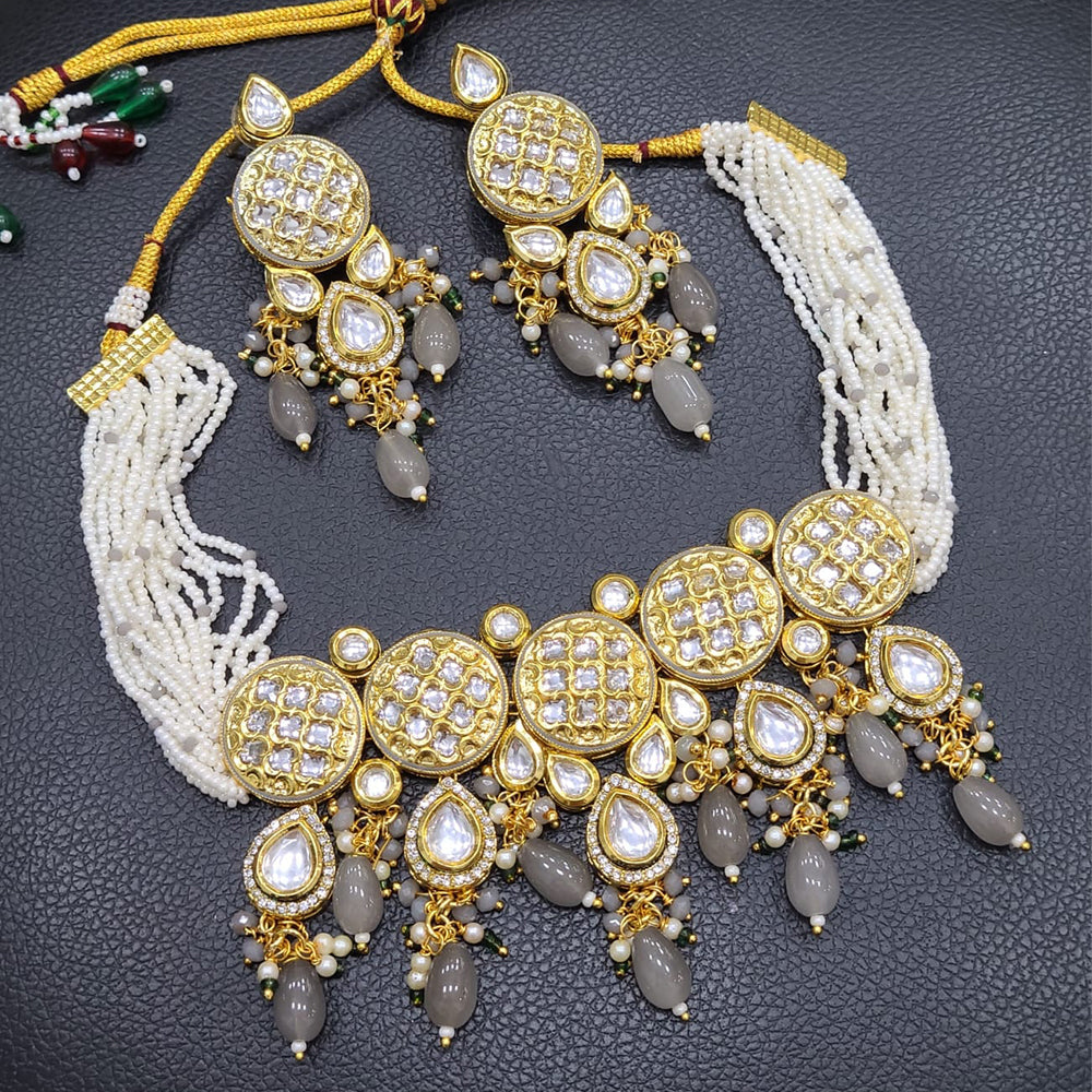 FS Collection Gold Plated Kundan Stone Pearl And Beads Choker Necklace Set