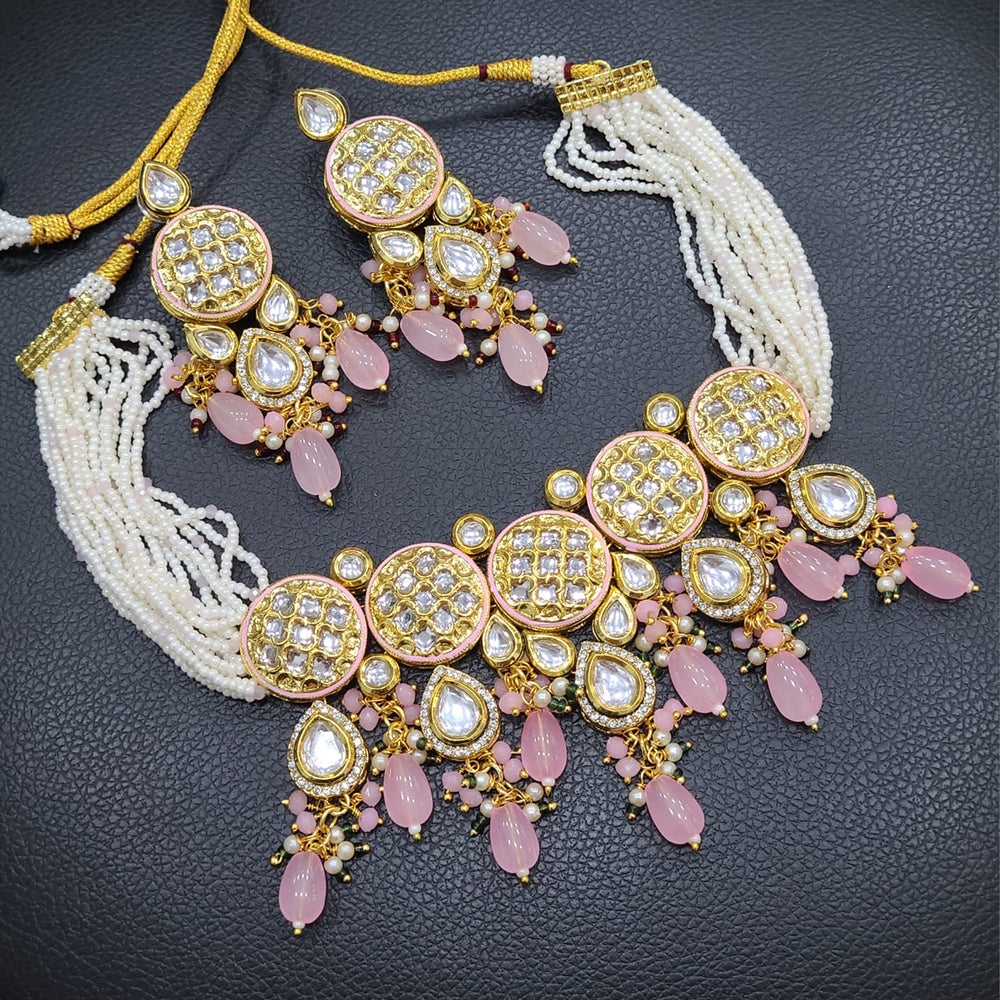 FS Collection Gold Plated Kundan Stone Pearl And Beads Choker Necklace Set