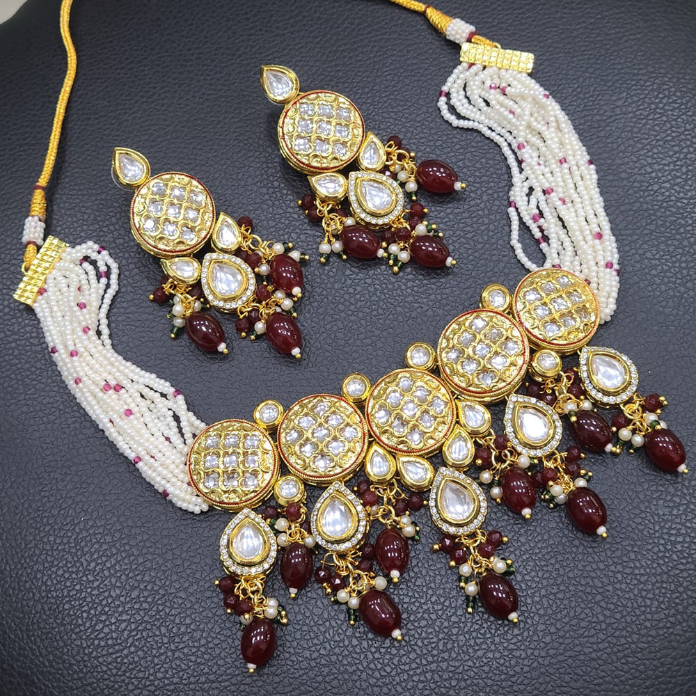 FS Collection Gold Plated Kundan Stone Pearl And Beads Choker Necklace Set