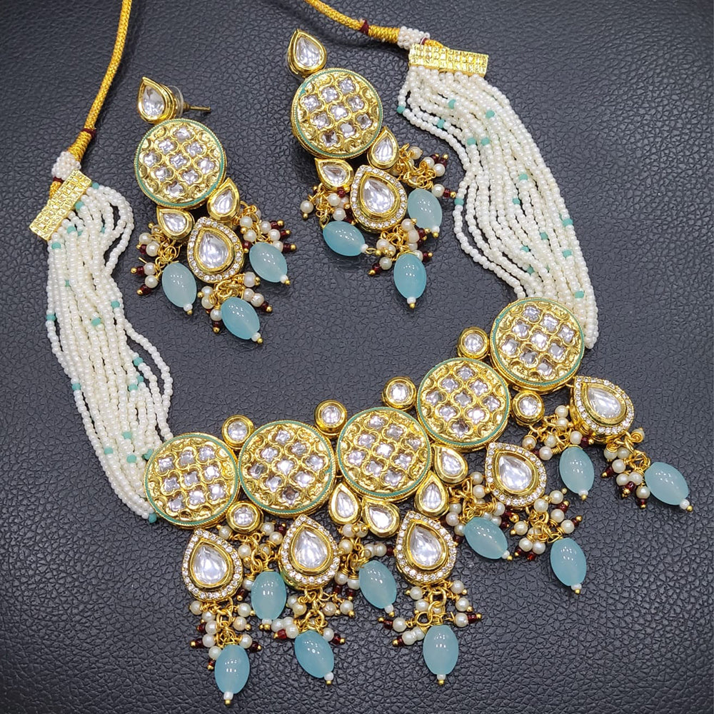 FS Collection Gold Plated Kundan Stone Pearl And Beads Choker Necklace Set