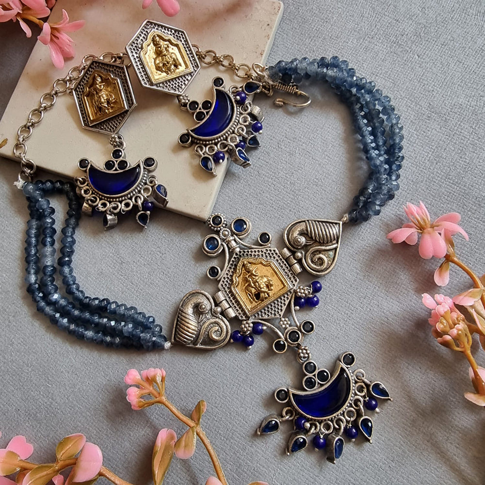 FS Collection Divine Aura 2 Tone Plated Pota Stone Temple And Beads Necklace Set