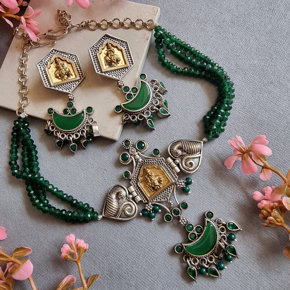 FS Collection Divine Aura 2 Tone Plated Pota Stone Temple And Beads Necklace Set