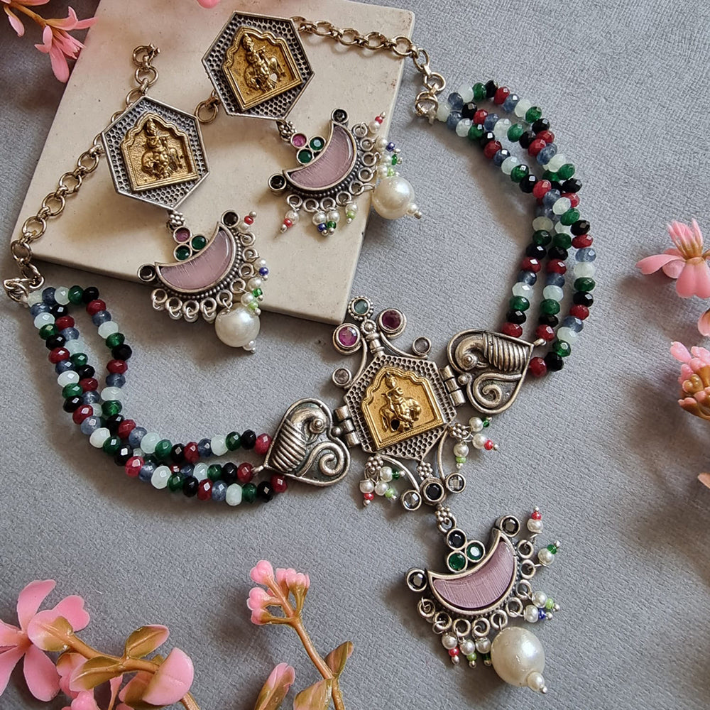 FS Collection Divine Aura 2 Tone Plated Pota Stone Temple And Beads Necklace Set
