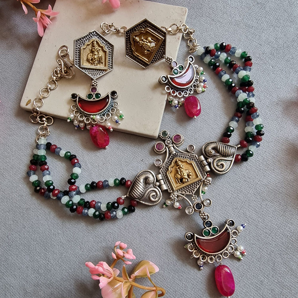 FS Collection Divine Aura 2 Tone Plated Pota Stone Temple And Beads Necklace Set