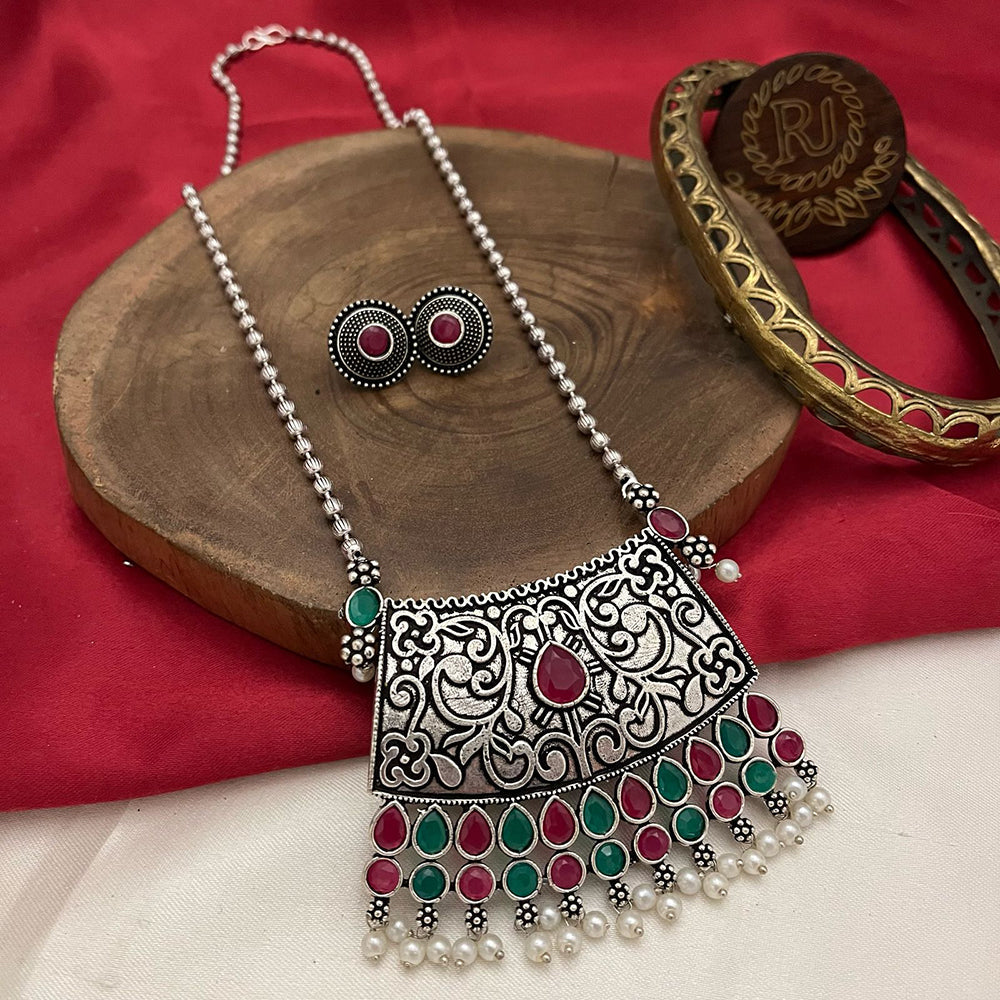 FS Collection Oxidized Plated Pota Stone And Beads Long Necklace Set