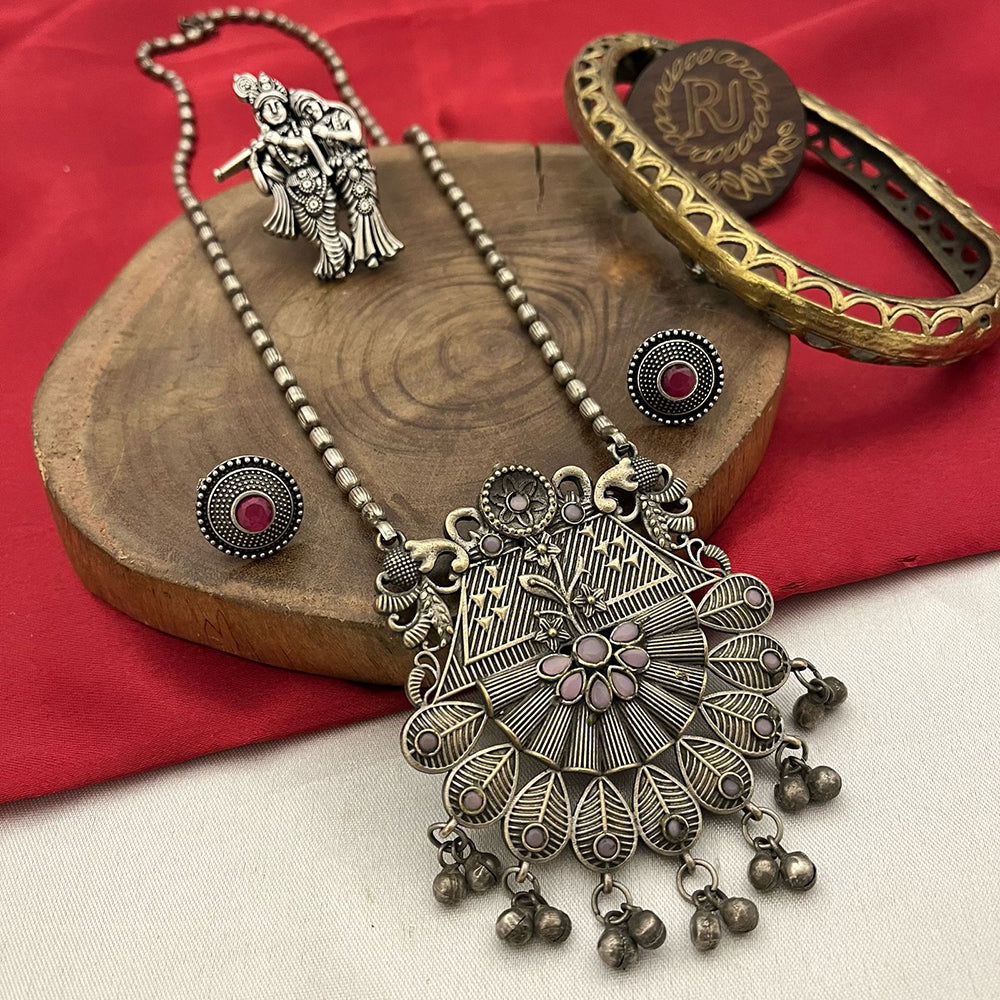 FS Collection Oxidized Plated Pota Stone And Ghungroo Long Necklace Set