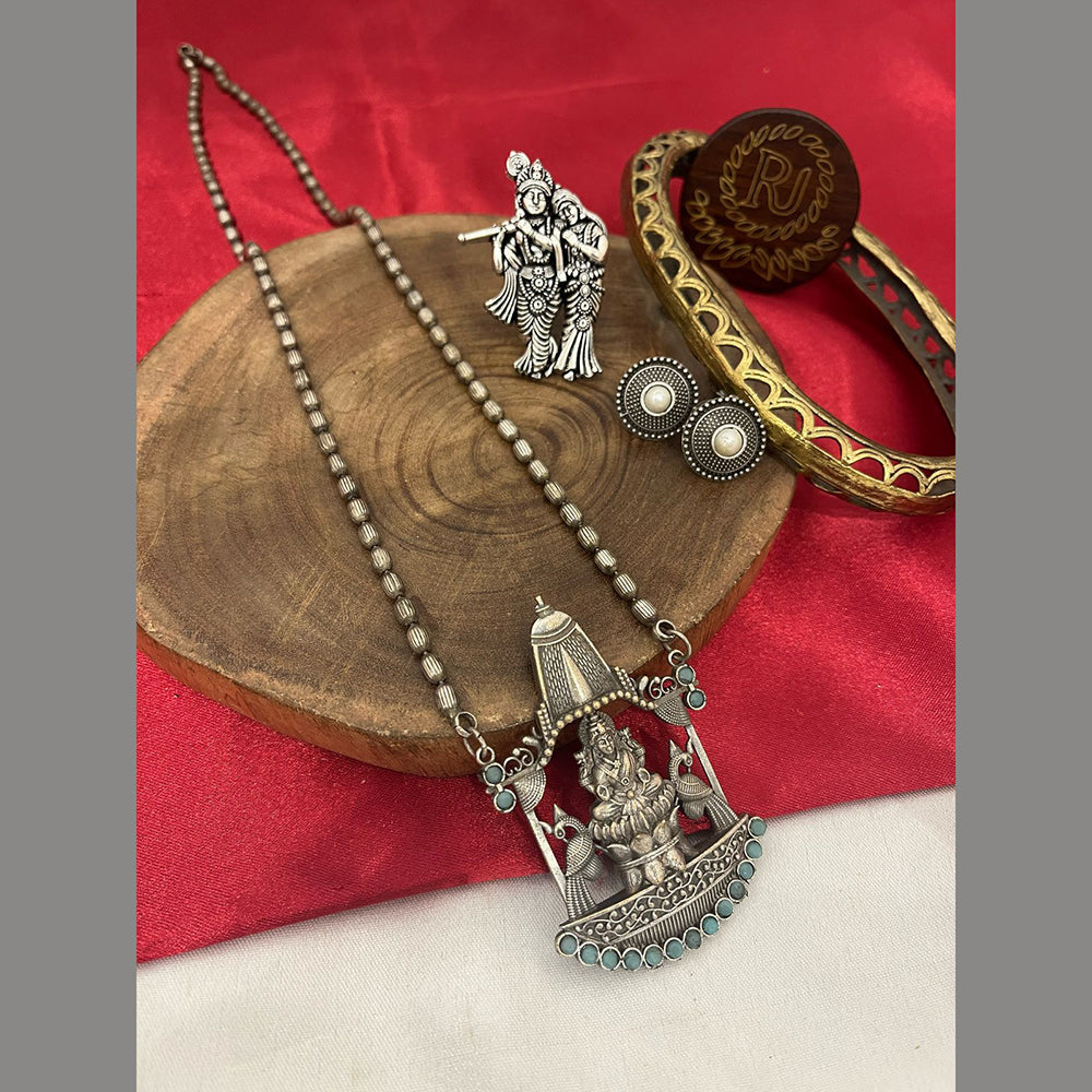 FS Collection Ethnic Oxidized Plated Pota Stone Temple Long Necklace Set