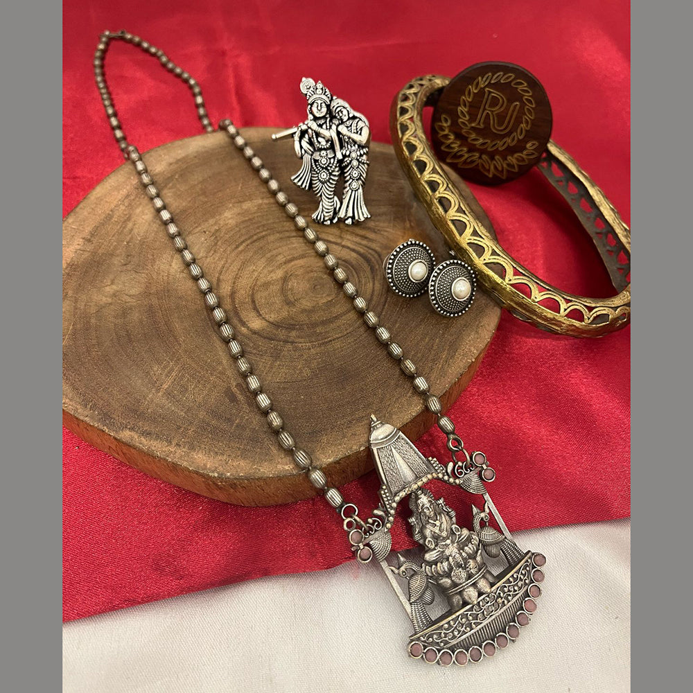 FS Collection Ethnic Oxidized Plated Pota Stone Temple Long Necklace Set