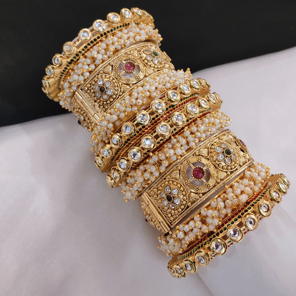 FS Collection Shining Gold Plated Kundan And Pearl Openable Bangle Set