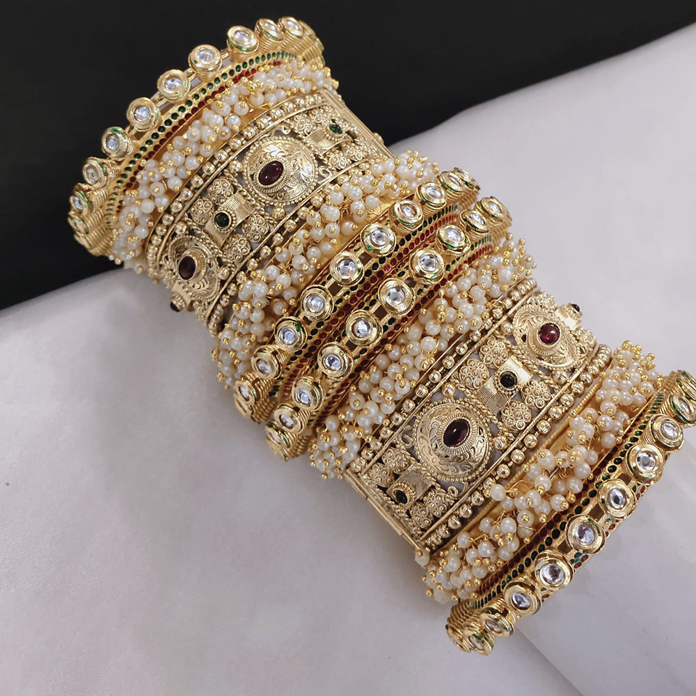 FS Collection Shining Gold Plated Kundan And Pearl Openable Bangle Set