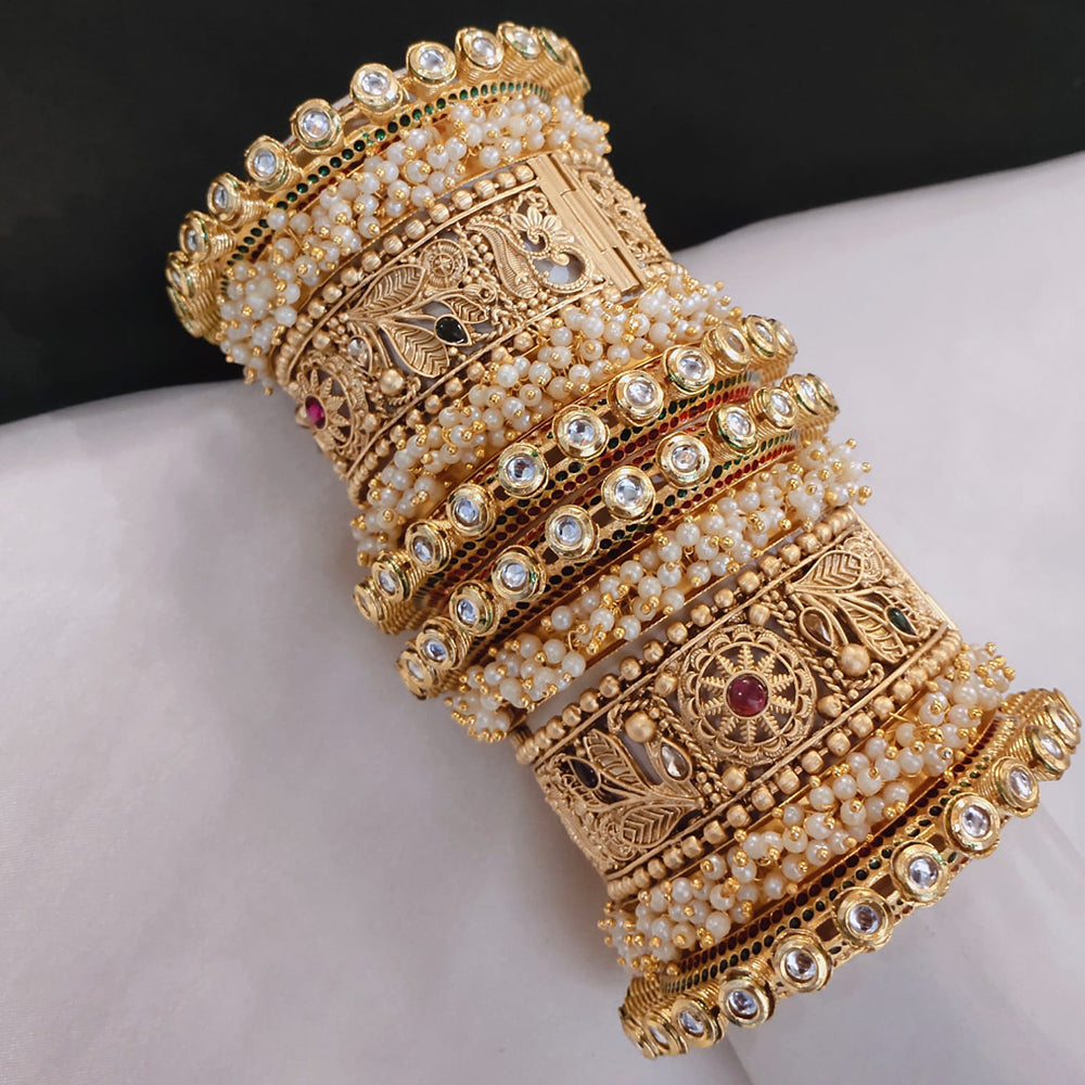 FS Collection Shining Gold Plated Kundan And Pearl Openable Bangle Set