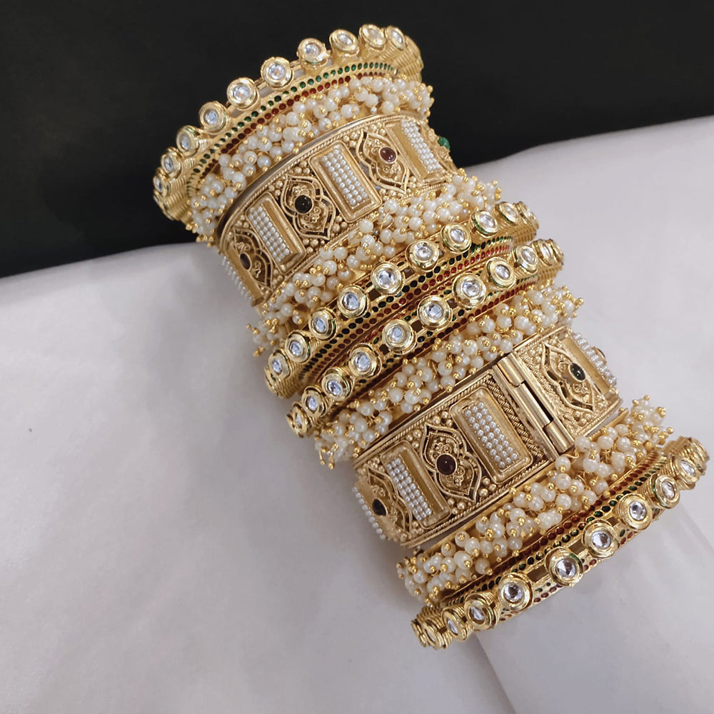 FS Collection Shining Gold Plated Kundan And Pearl Openable Bangle Set
