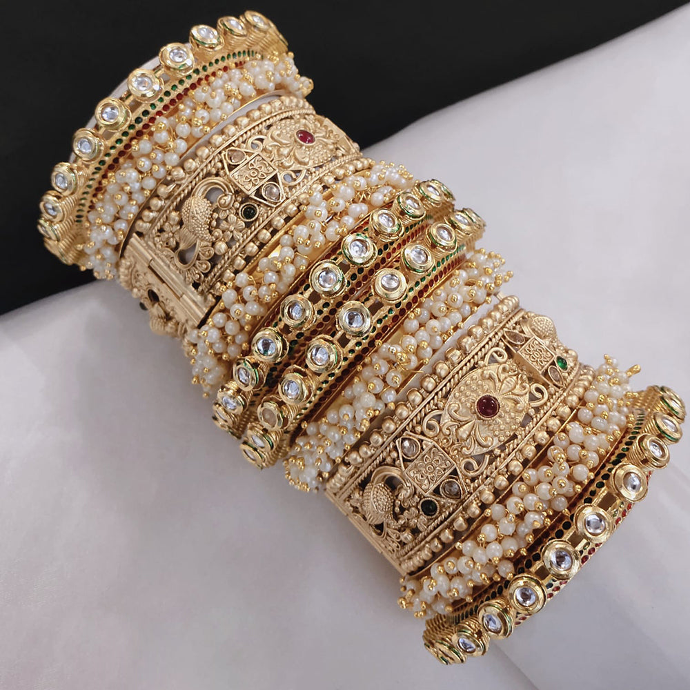 FS Collection Shining Gold Plated Kundan And Pearl Openable Bangle Set