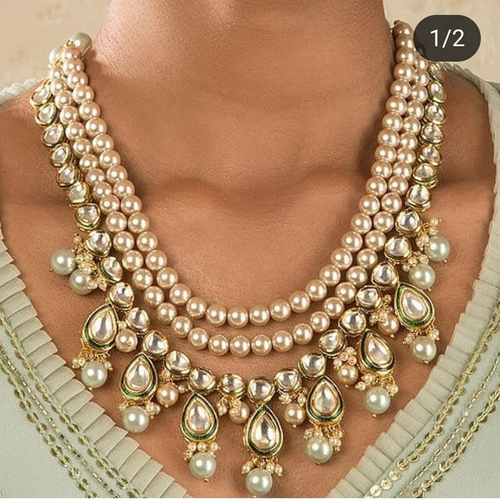 FS Collection Gold Plated Kundan and Pearl Traditional Ethnic Jewelry Necklace Set