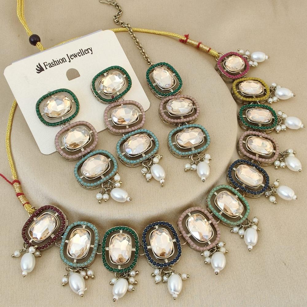 FS Collection Gold Plated Crystal Stone And Beads Necklace Set