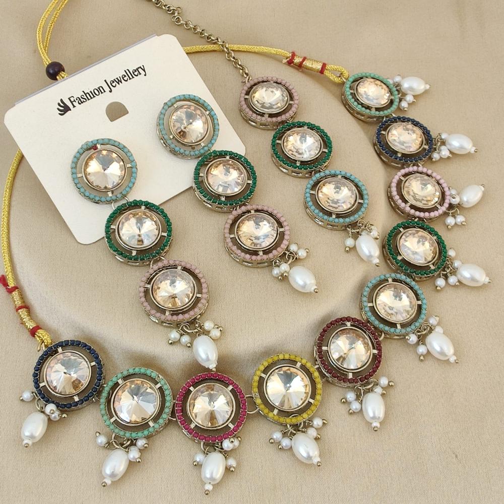 FS Collection Gold Plated Crystal Stone And Beads Necklace Set