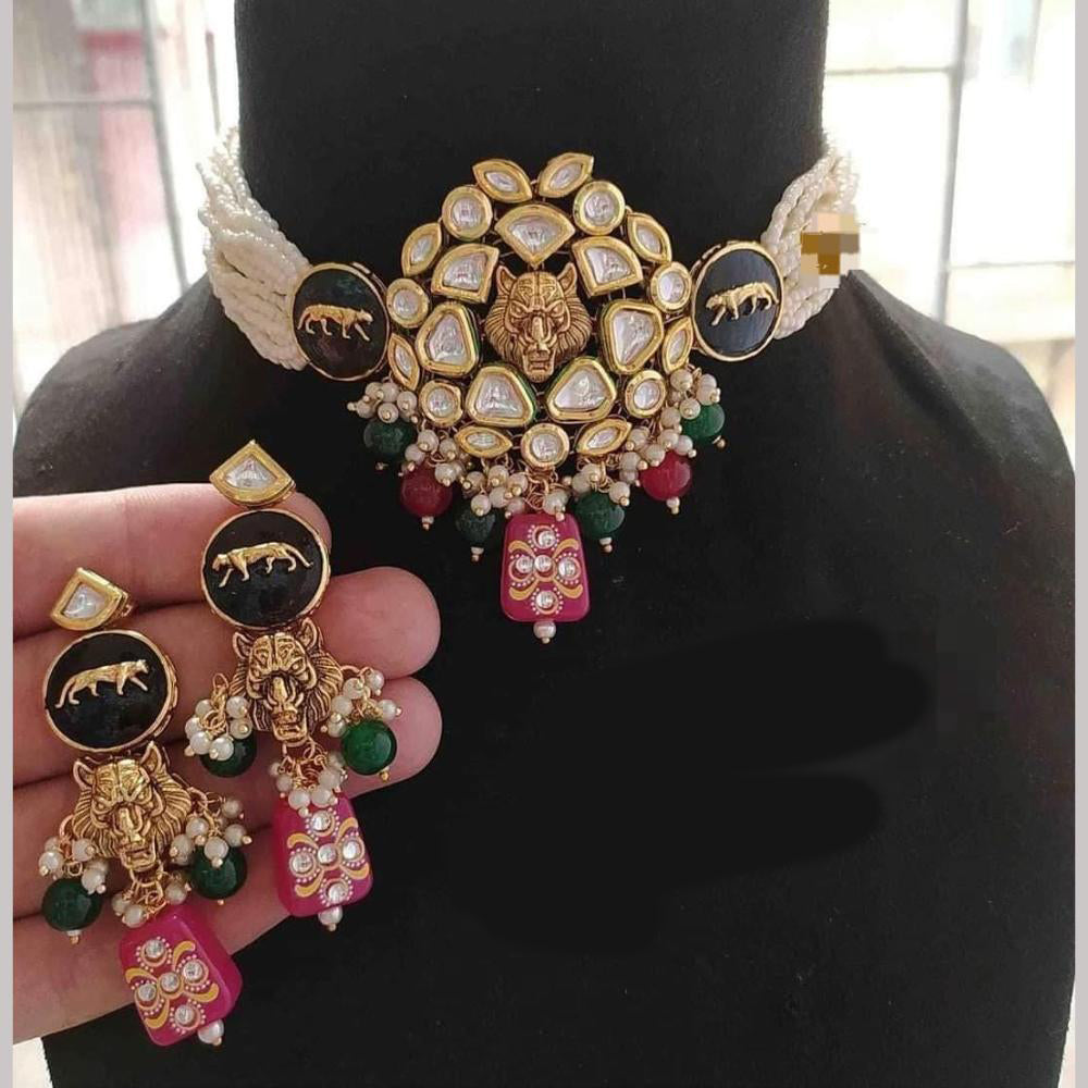 FS Collection Gold Plated Kundan Stone Pearl And Beads Choker Necklace Set