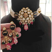 FS Collection Gold Plated Kundan Stone Pearl And Beads Choker Necklace Set