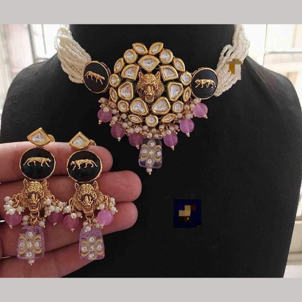 FS Collection Gold Plated Kundan Stone Pearl And Beads Choker Necklace Set