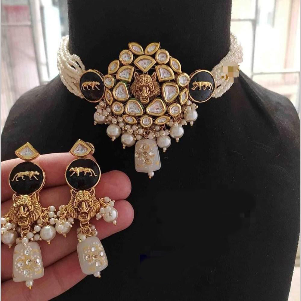 FS Collection Gold Plated Kundan Stone Pearl And Beads Choker Necklace Set
