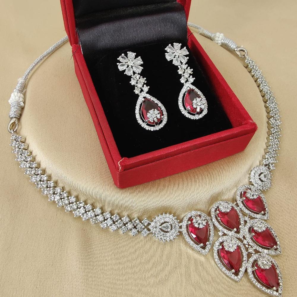FS Collection Silver Plated Sparkling American Diamond Necklace Set