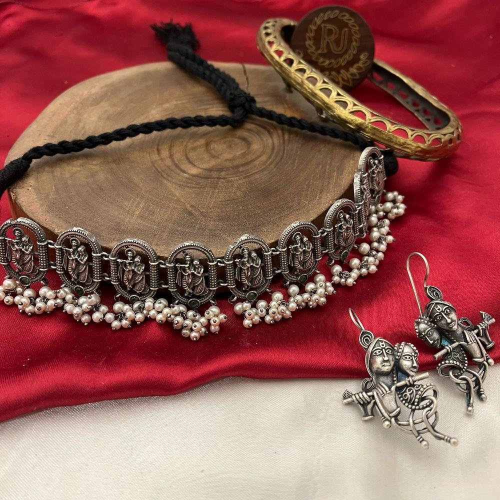 FS Collection Oxidised Plated Pearl And Temple Necklace Set