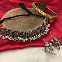 FS Collection Oxidised Plated Pearl And Temple Necklace Set