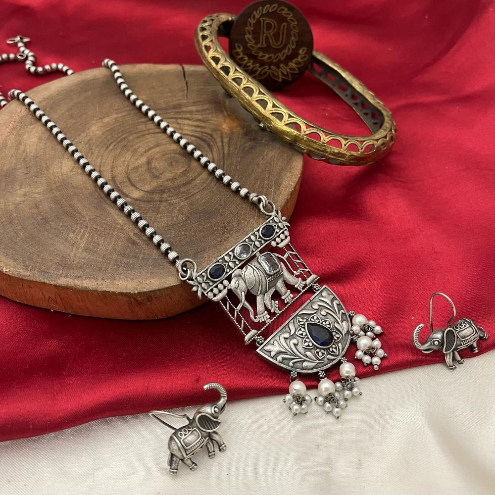 FS Collection Oxidized Plated Pota Stone Long Necklace Set