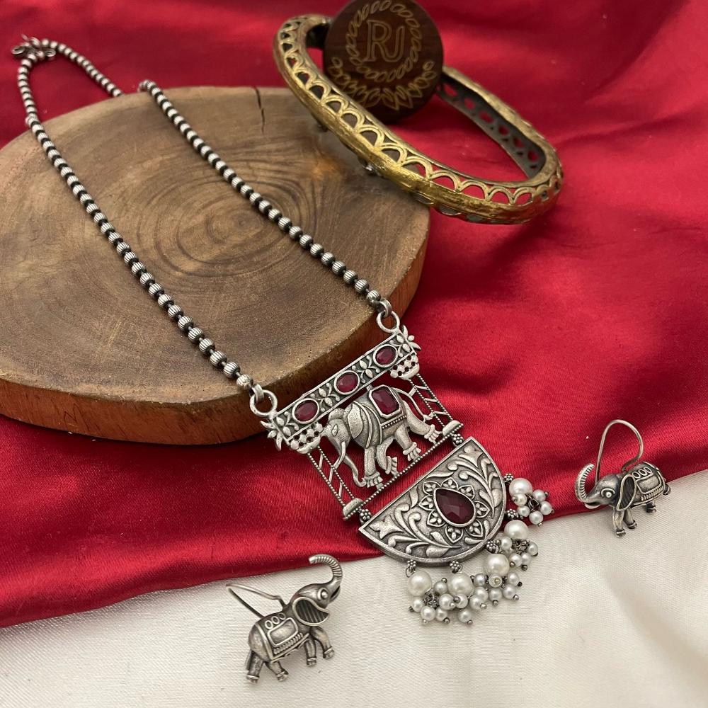 FS Collection Oxidized Plated Pota Stone Long Necklace Set