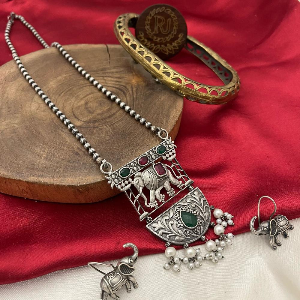 FS Collection Oxidized Plated Pota Stone Long Necklace Set