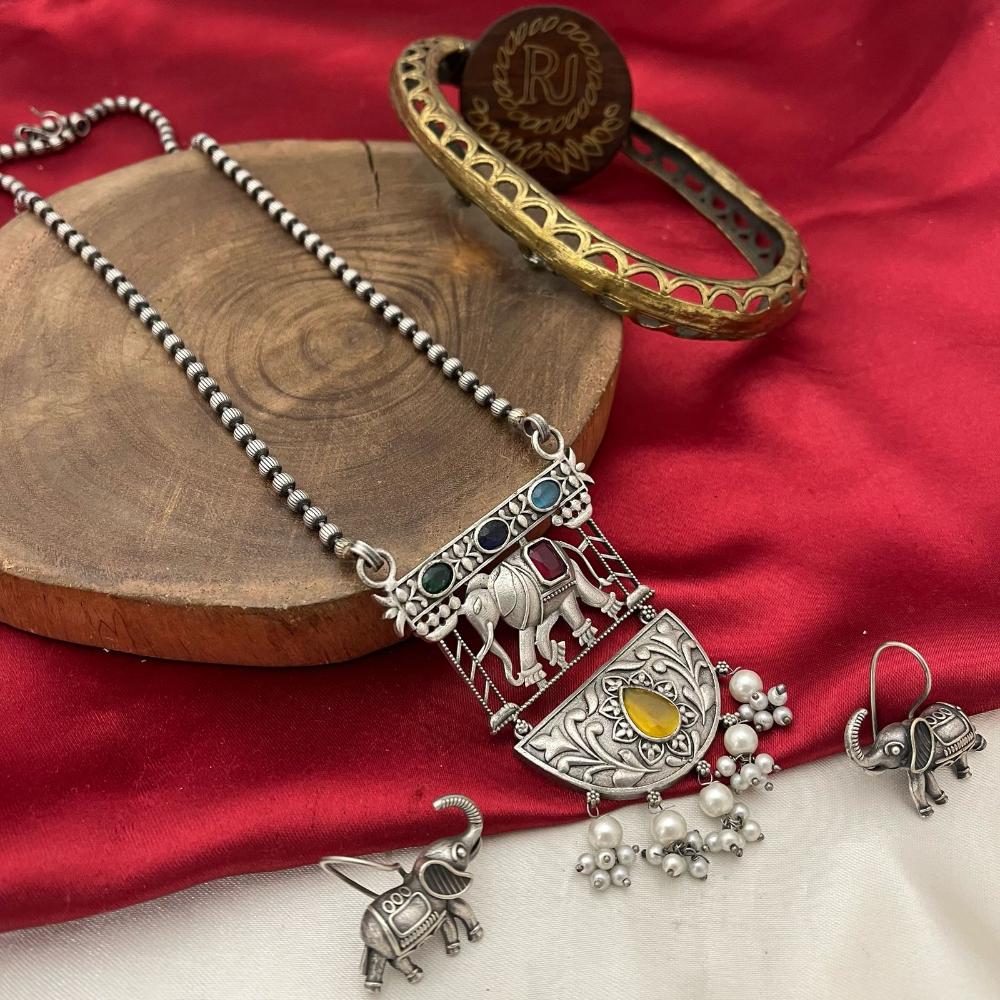 FS Collection Oxidized Plated Pota Stone Long Necklace Set