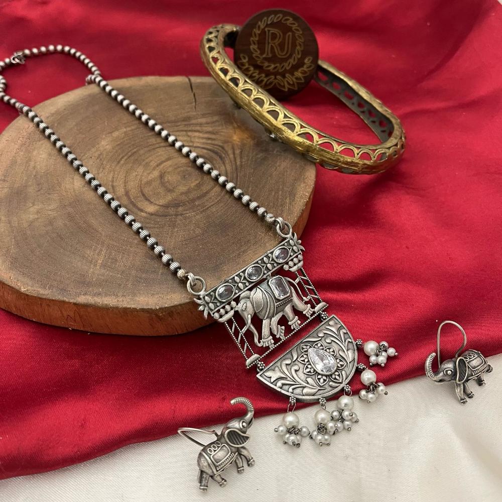 FS Collection Oxidized Plated Pota Stone Long Necklace Set