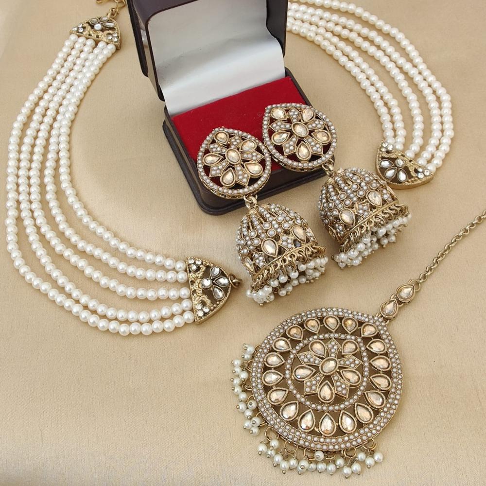 FS Collection Gold Plated Crystal Stone And Beads Jhumki Earrings With Maangtikka