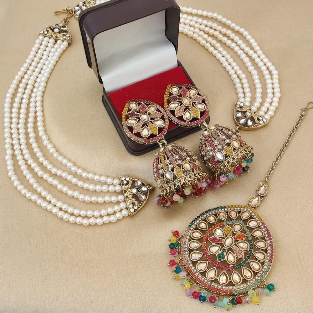 FS Collection Gold Plated Crystal Stone And Beads Jhumki Earrings With Maangtikka