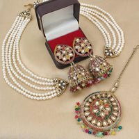 FS Collection Gold Plated Crystal Stone And Beads Jhumki Earrings With Maangtikka