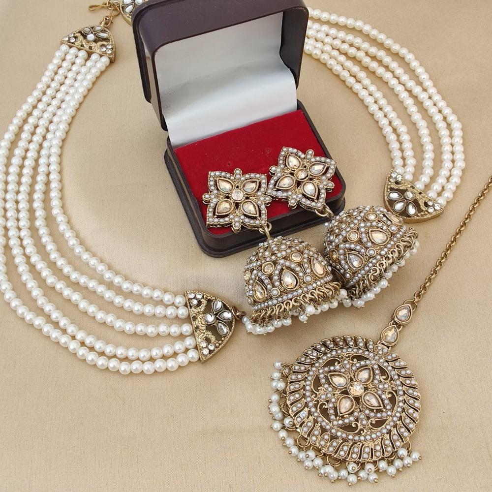 FS Collection Gold Plated Crystal Stone And Beads Jhumki Earrings With Maangtikka
