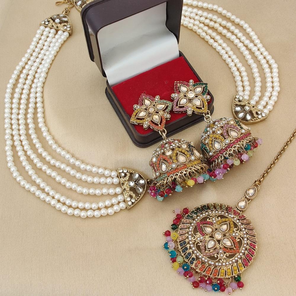 FS Collection Gold Plated Crystal Stone And Beads Jhumki Earrings With Maangtikka
