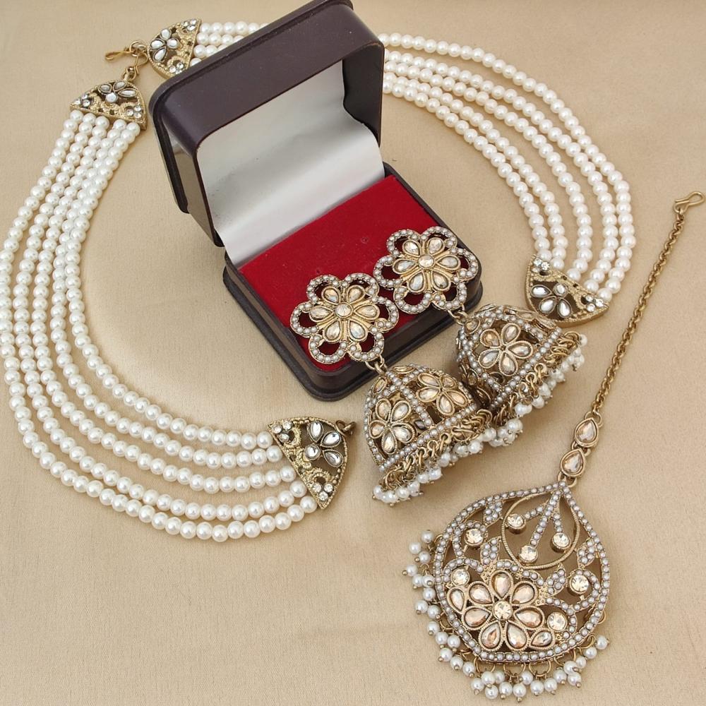 FS Collection Gold Plated Crystal Stone And Beads Jhumki Earrings With Maangtikka