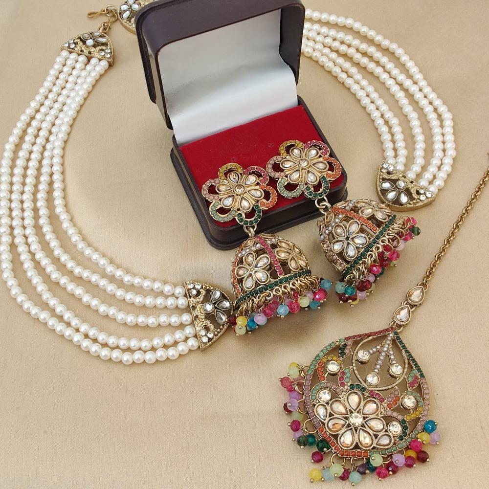 FS Collection Gold Plated Crystal Stone And Beads Jhumki Earrings With Maangtikka