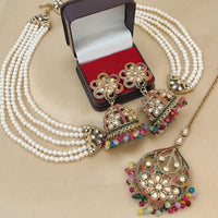 FS Collection Gold Plated Crystal Stone And Beads Jhumki Earrings With Maangtikka