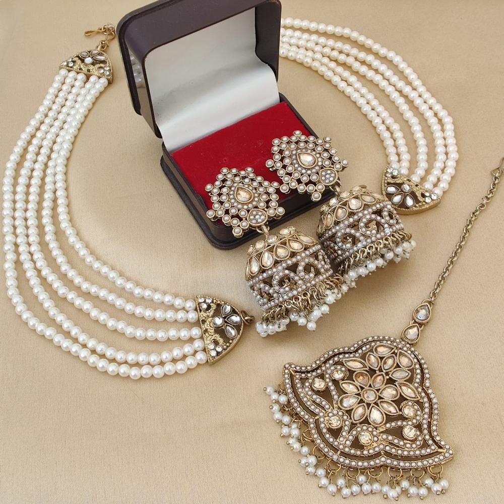 FS Collection Gold Plated Crystal Stone And Beads Jhumki Earrings With Maangtikka