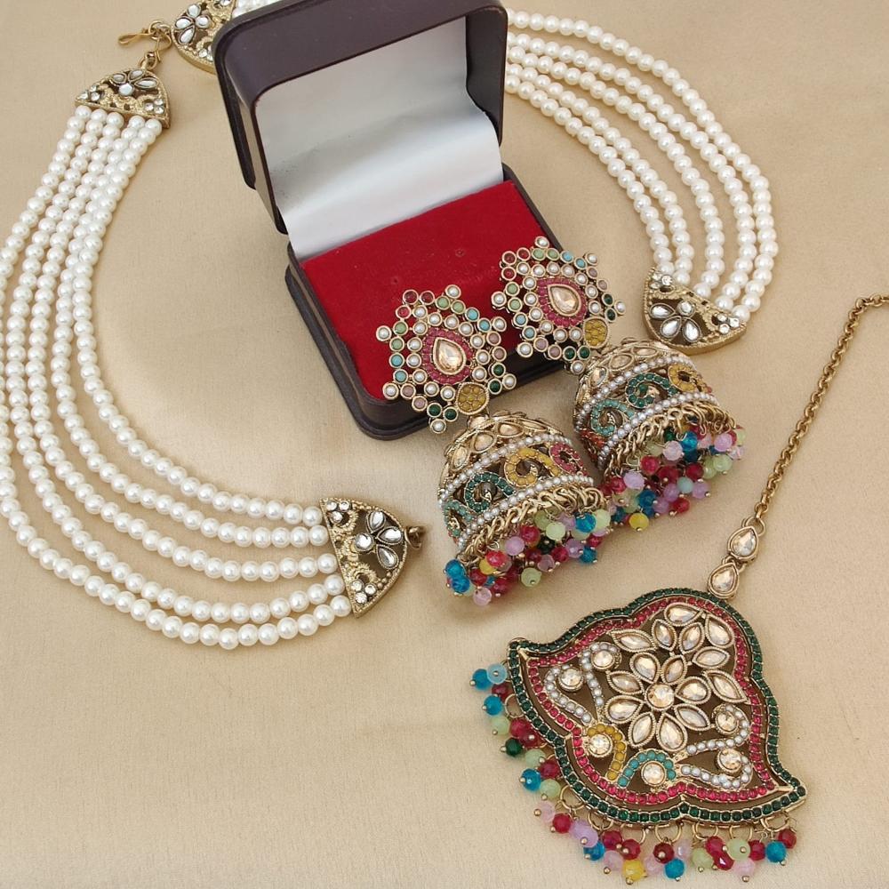 FS Collection Gold Plated Crystal Stone And Beads Jhumki Earrings With Maangtikka