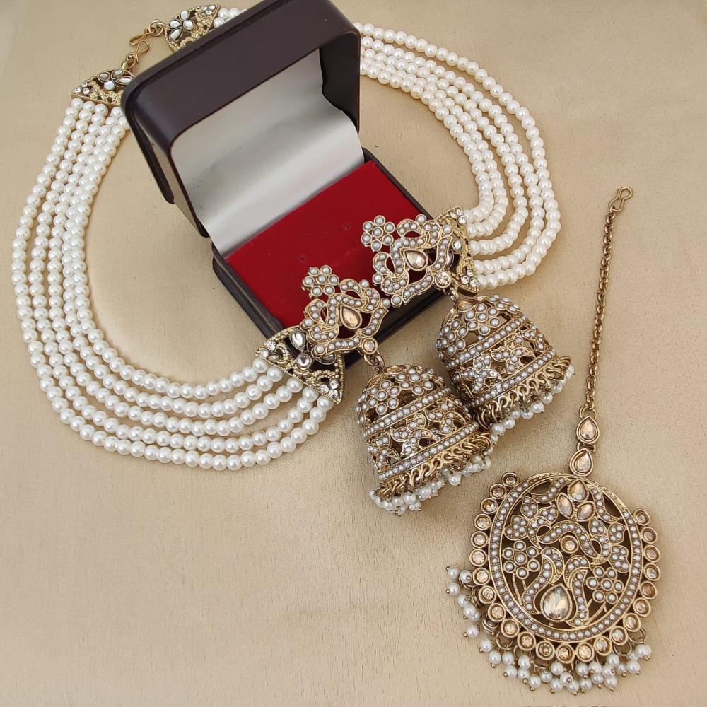 FS Collection Gold Plated Crystal Stone And Beads Jhumki Earrings With Maangtikka