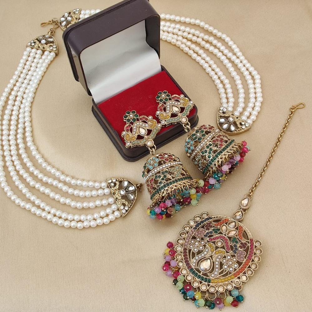 FS Collection Gold Plated Crystal Stone And Beads Jhumki Earrings With Maangtikka