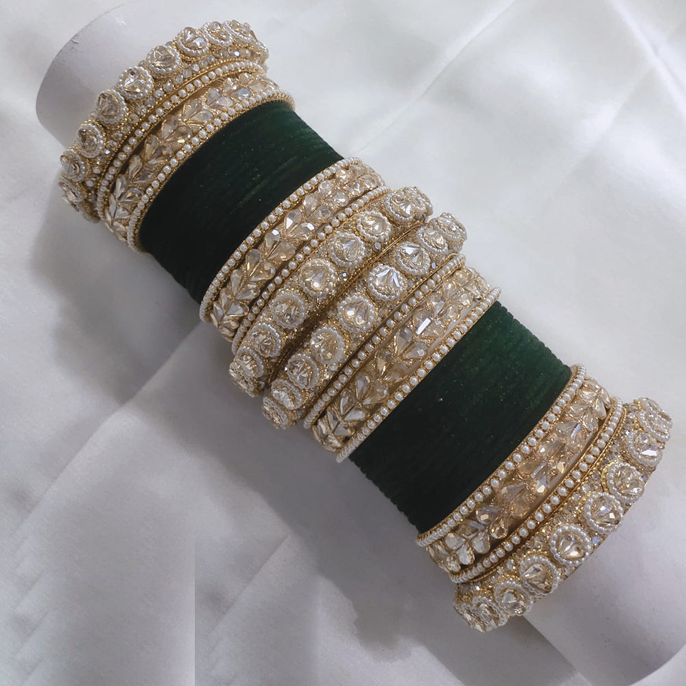 FS Collection Gold Plated Crystal Stone And Pearl Velvet Bangles Set