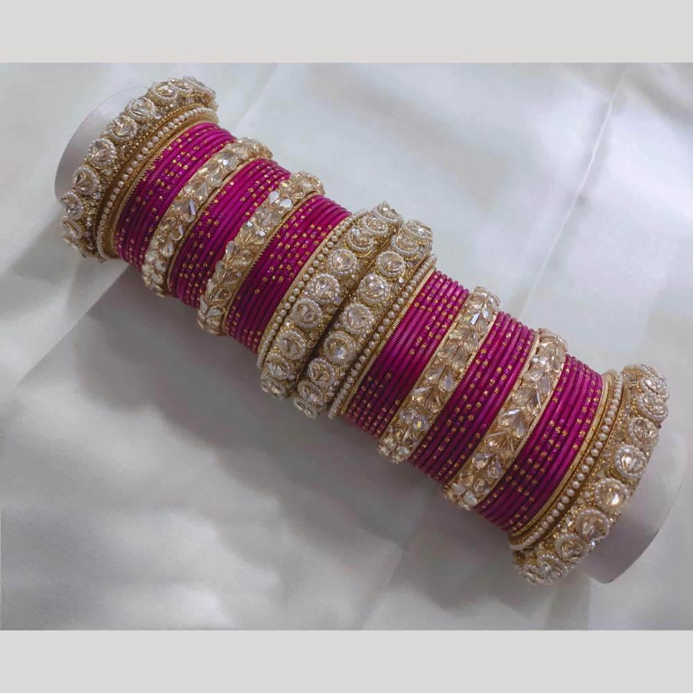 FS Collection Gold Plated Crystal Stone And Pearl Metal Bangles Set